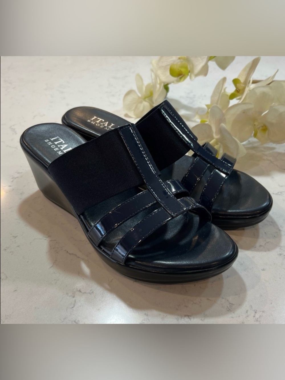 Italian Shoemakers Heels Slip On Blue Open Toe Wedge Sandals Women's Size 9.5